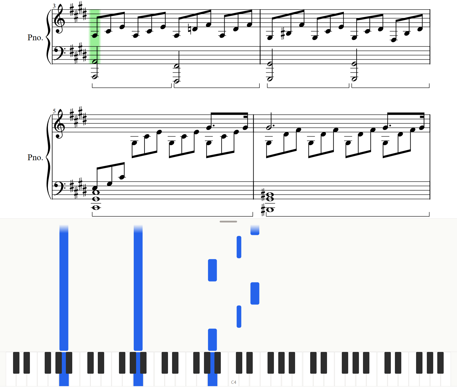 Falling keys and mini keyboard visualizing the notes to play